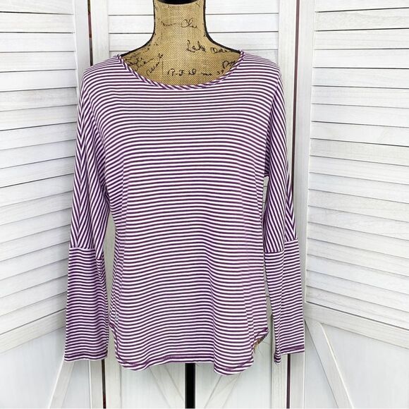 Zelos Striped Keyhole Back Long Sleeve Shirt Purple White Medium Tee - Picture 1 of 10